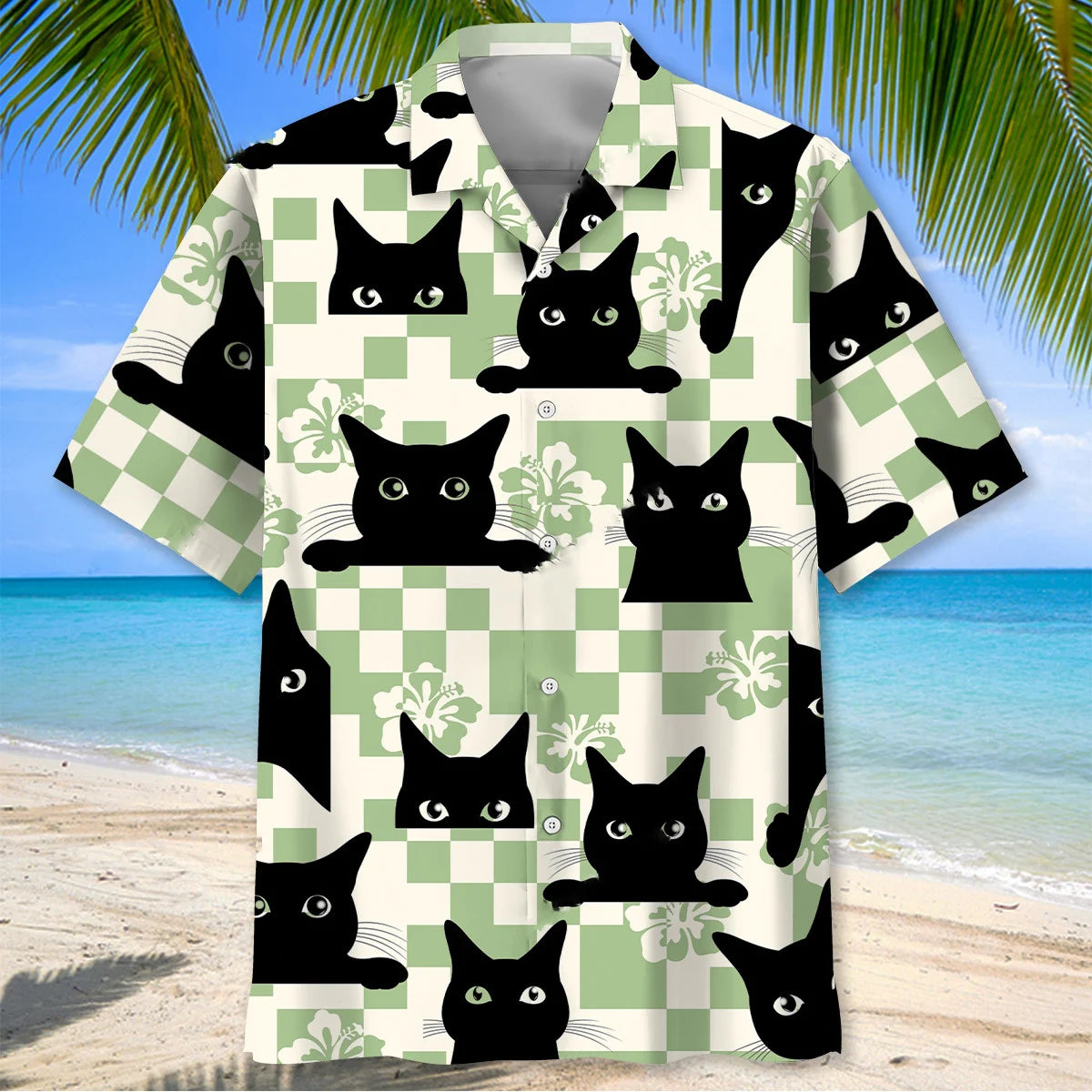 Black Cat Checkerboard Hibiscus Summer Hawaiian Shirt
