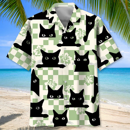 Black Cat Checkerboard Hibiscus Summer Hawaiian Shirt