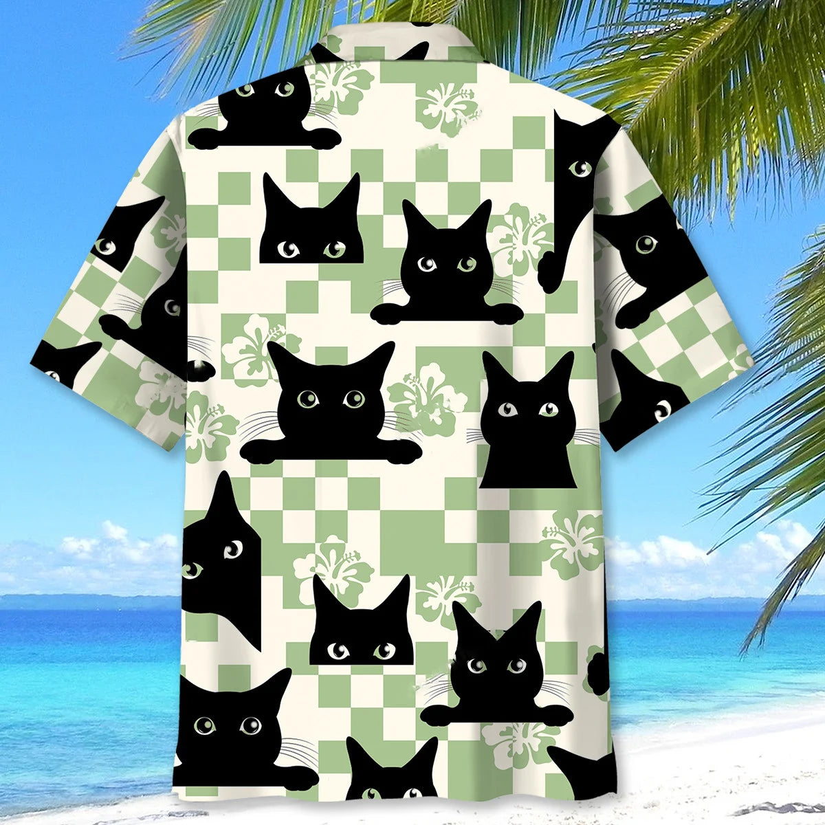 Black Cat Checkerboard Hibiscus Summer Hawaiian Shirt