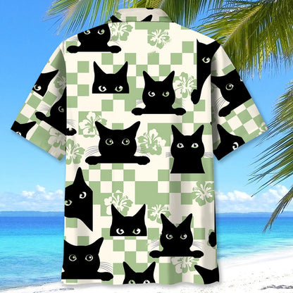 Black Cat Checkerboard Hibiscus Summer Hawaiian Shirt