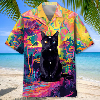 Black Cat Hippie Mushroom Hawaiian Shirt