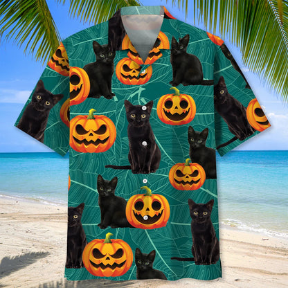 Black Cat Pumpkins Happy Halloween Hawaiian Shirt