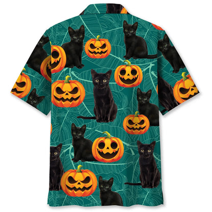 Black Cat Pumpkins Happy Halloween Hawaiian Shirt