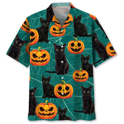 Black Cat Pumpkins Happy Halloween Hawaiian Shirt