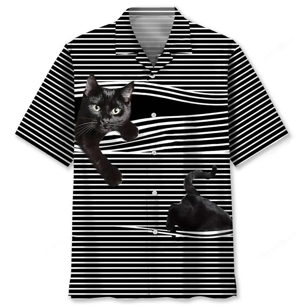 Black Cat Stripes Pattern Hawaiian Shirt