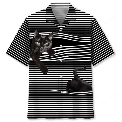 Black Cat Stripes Pattern Hawaiian Shirt