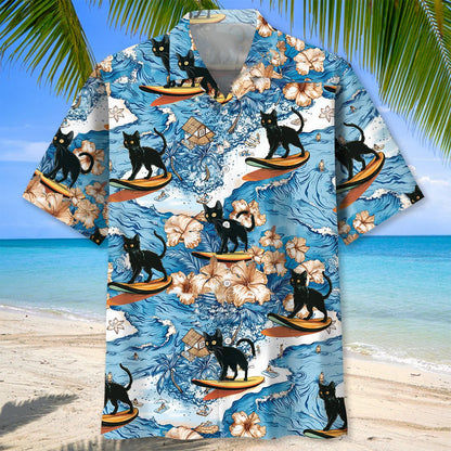 Black Cat Surfing Hawaiian Shirt