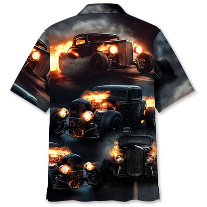 Black Hot Rod on Fire Hawaiian Shirt