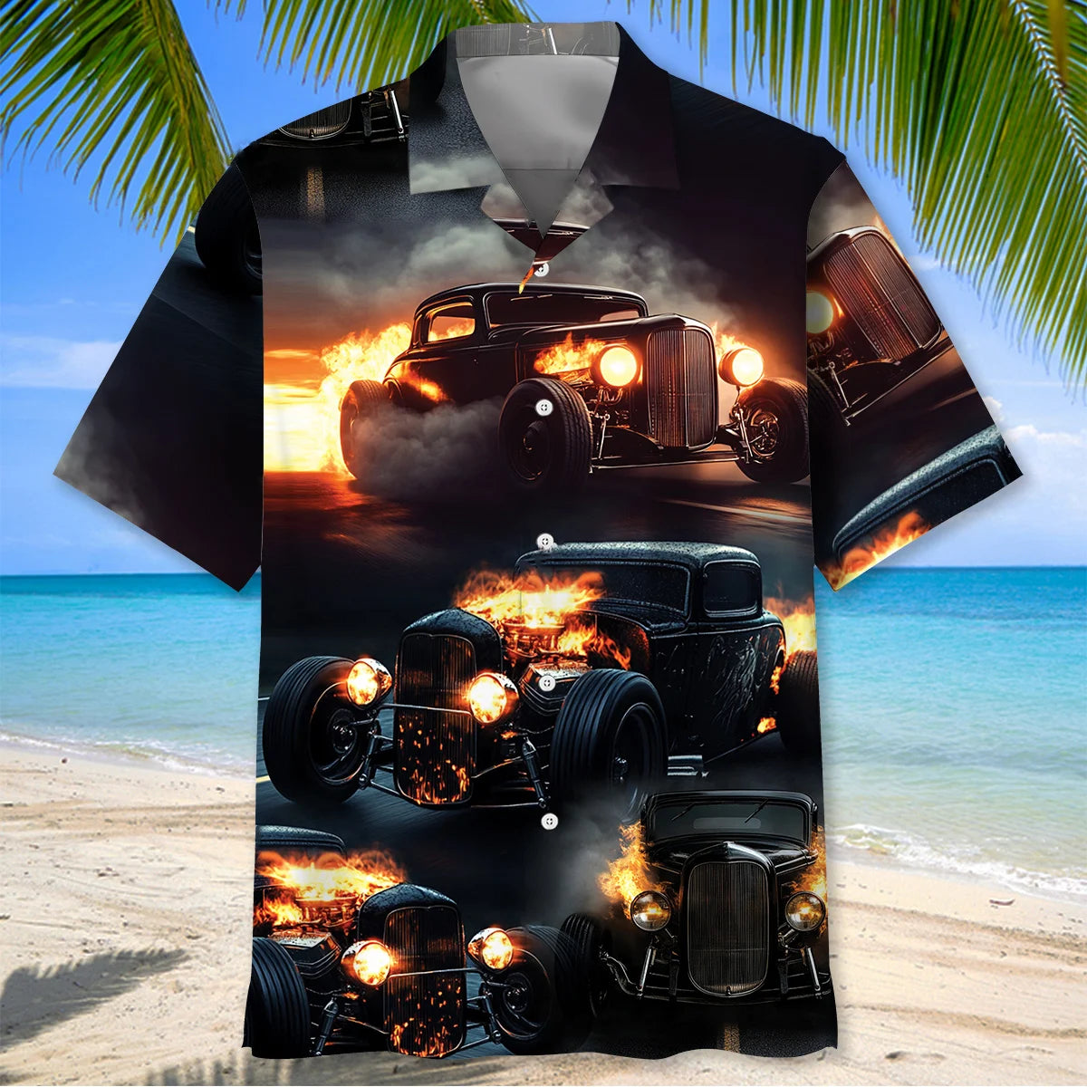 Black Hot Rod on Fire Hawaiian Shirt