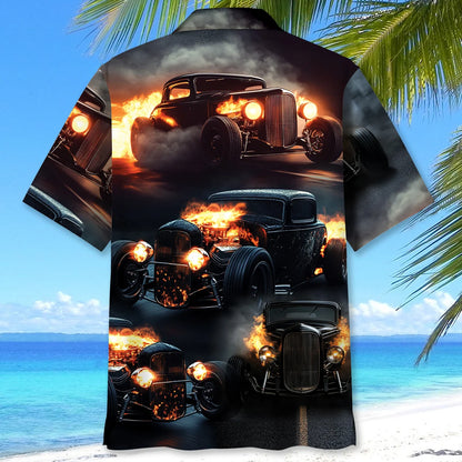 Black Hot Rod on Fire Hawaiian Shirt