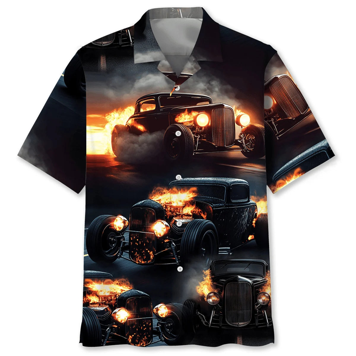 Black Hot Rod on Fire Hawaiian Shirt