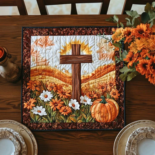 Blessed Harvest Cross Quilted Table Topper