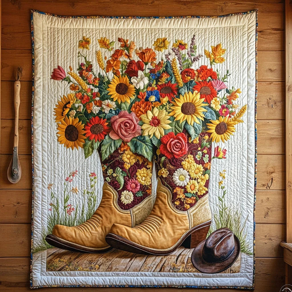 Blossoms And Boot Quilt Blanket