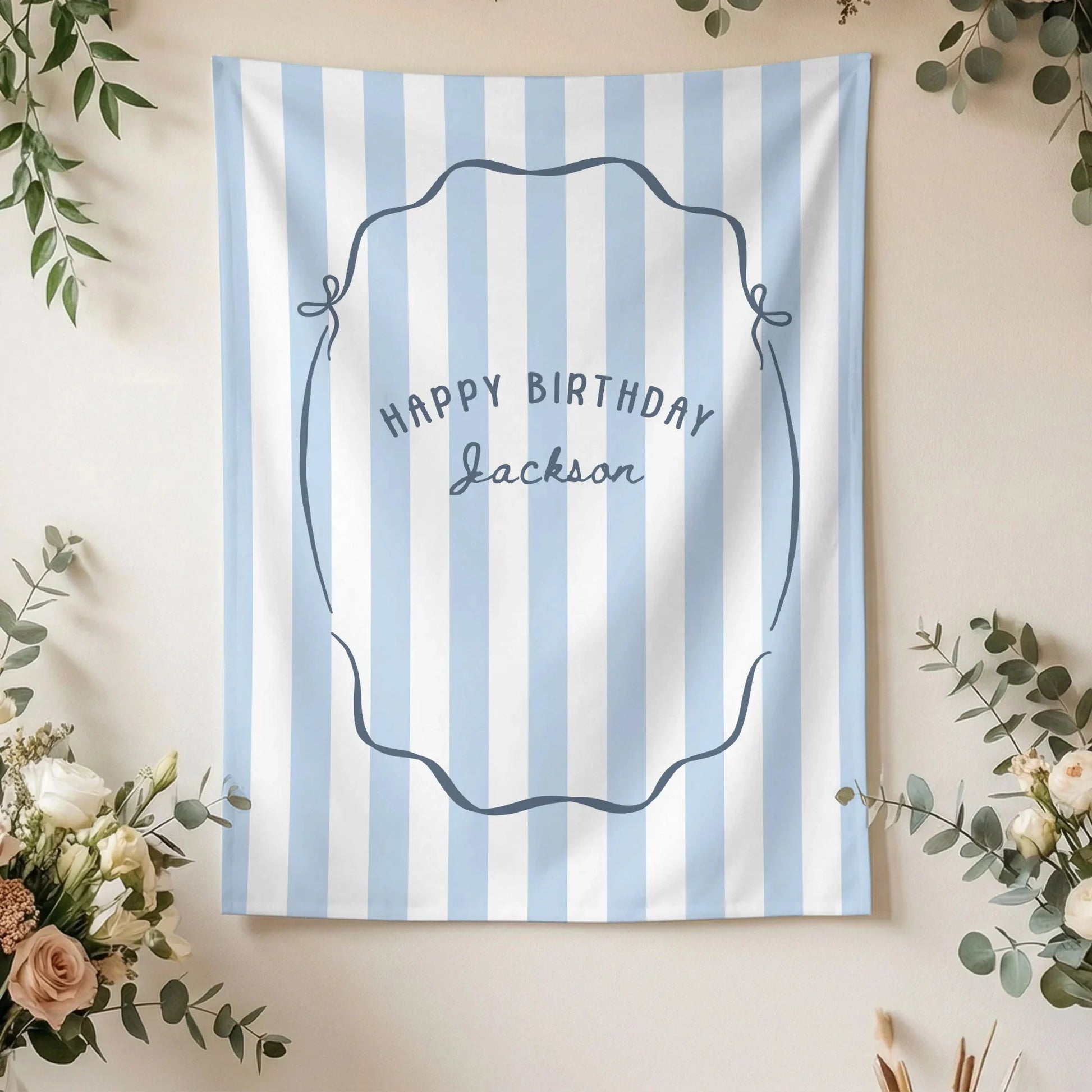 Minimalist Blue Birthday Tapestry Banner Personalized Custom Name Birthday Backdrop Party Decor (view 3)