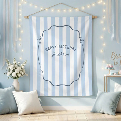 Minimalist Blue Birthday Tapestry Banner Personalized Custom Name Birthday Backdrop Party Decor (view 4)