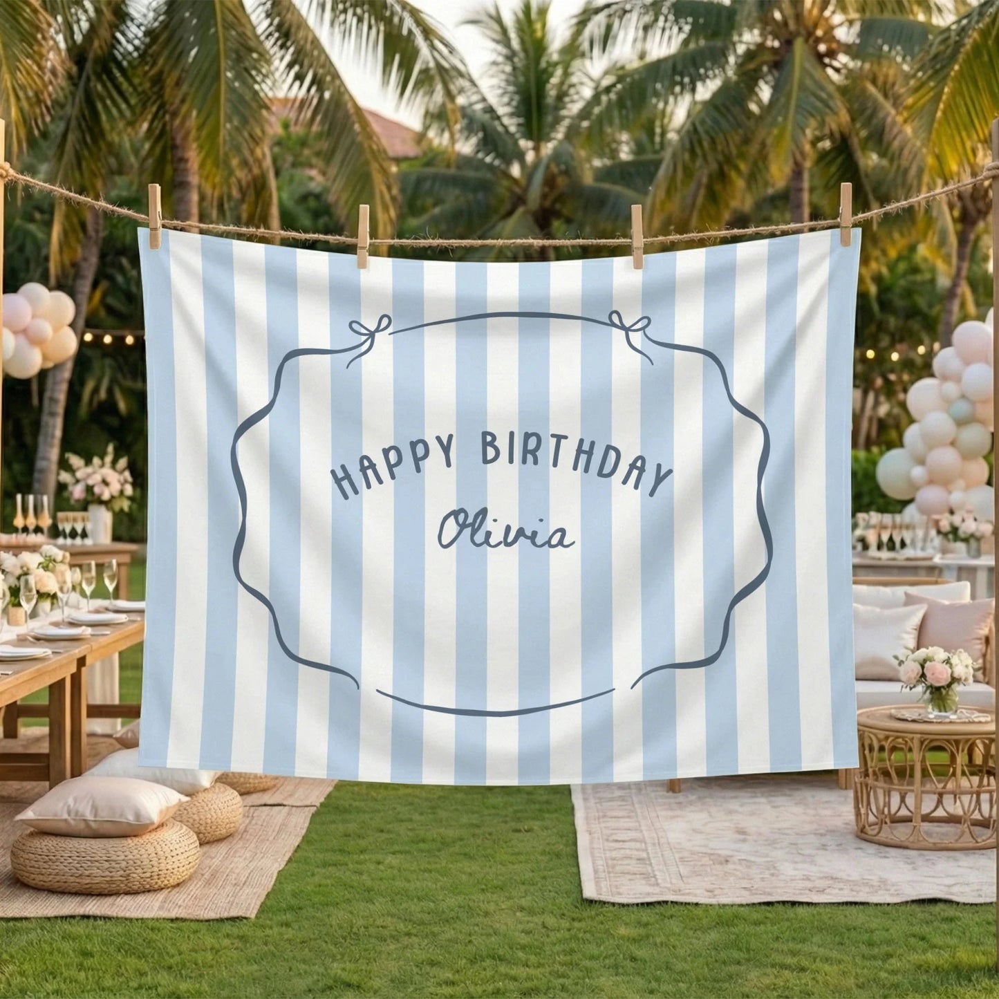 Minimalist Blue Birthday Tapestry Banner Personalized Custom Name Birthday Backdrop Party Decor (view 5)