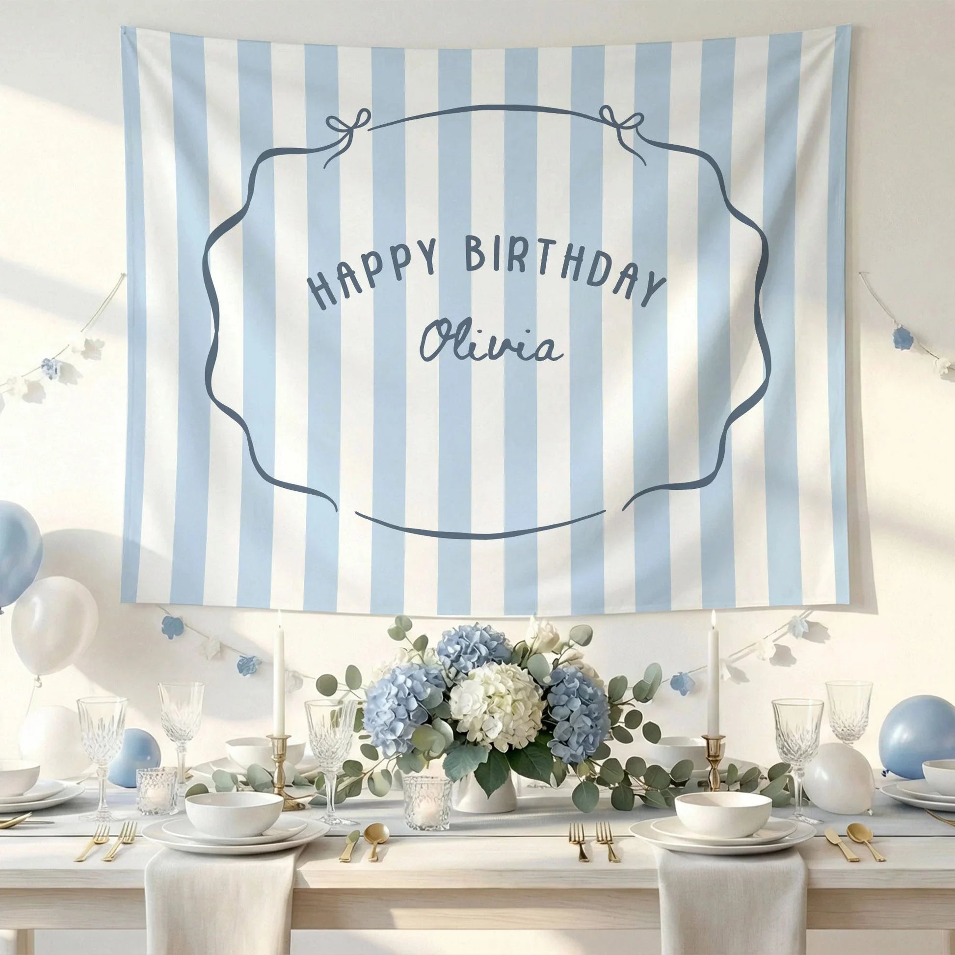 Minimalist Blue Birthday Tapestry Banner Personalized Custom Name Birthday Backdrop Party Decor (view 6)