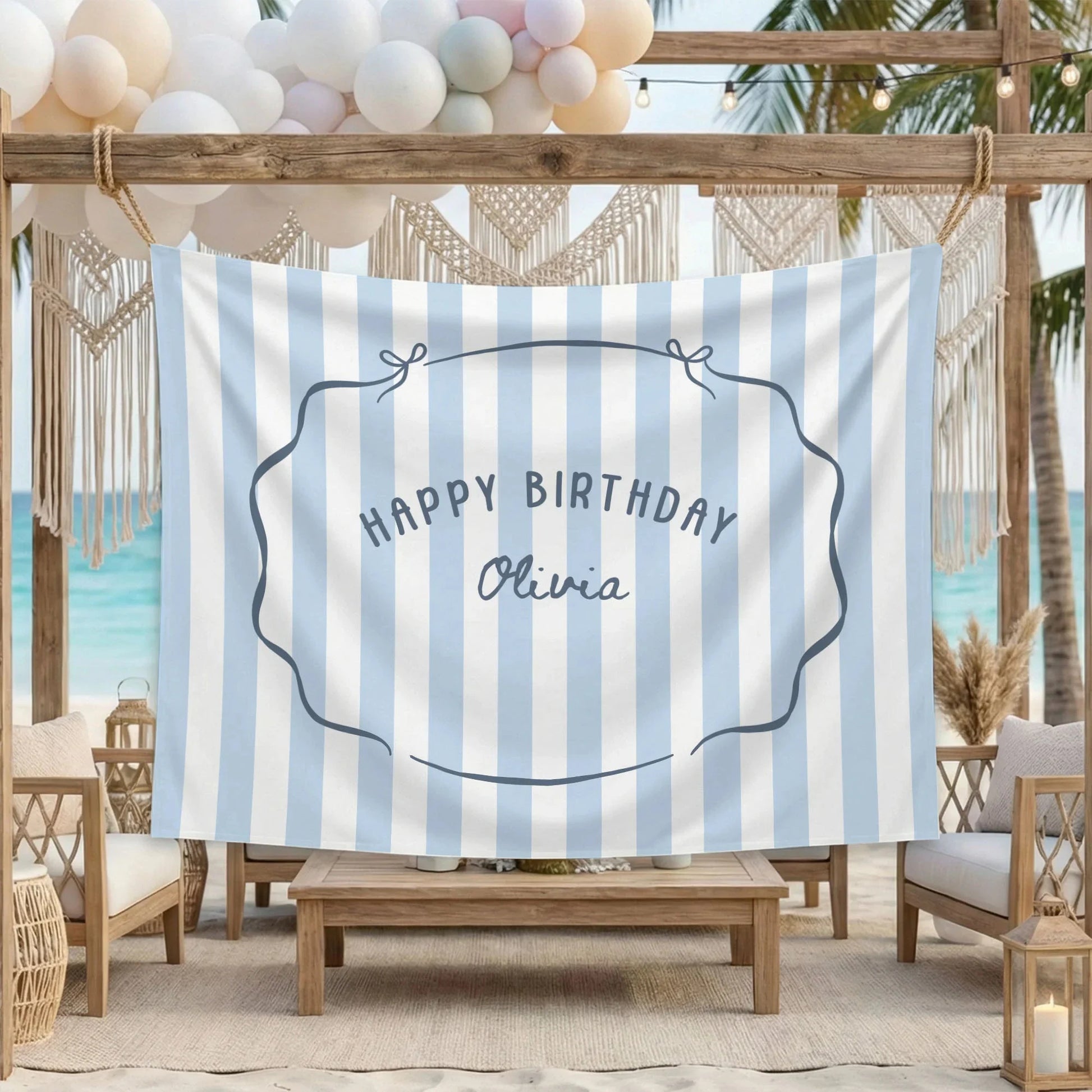 Minimalist Blue Birthday Tapestry Banner Personalized Custom Name Birthday Backdrop Party Decor (view 7)