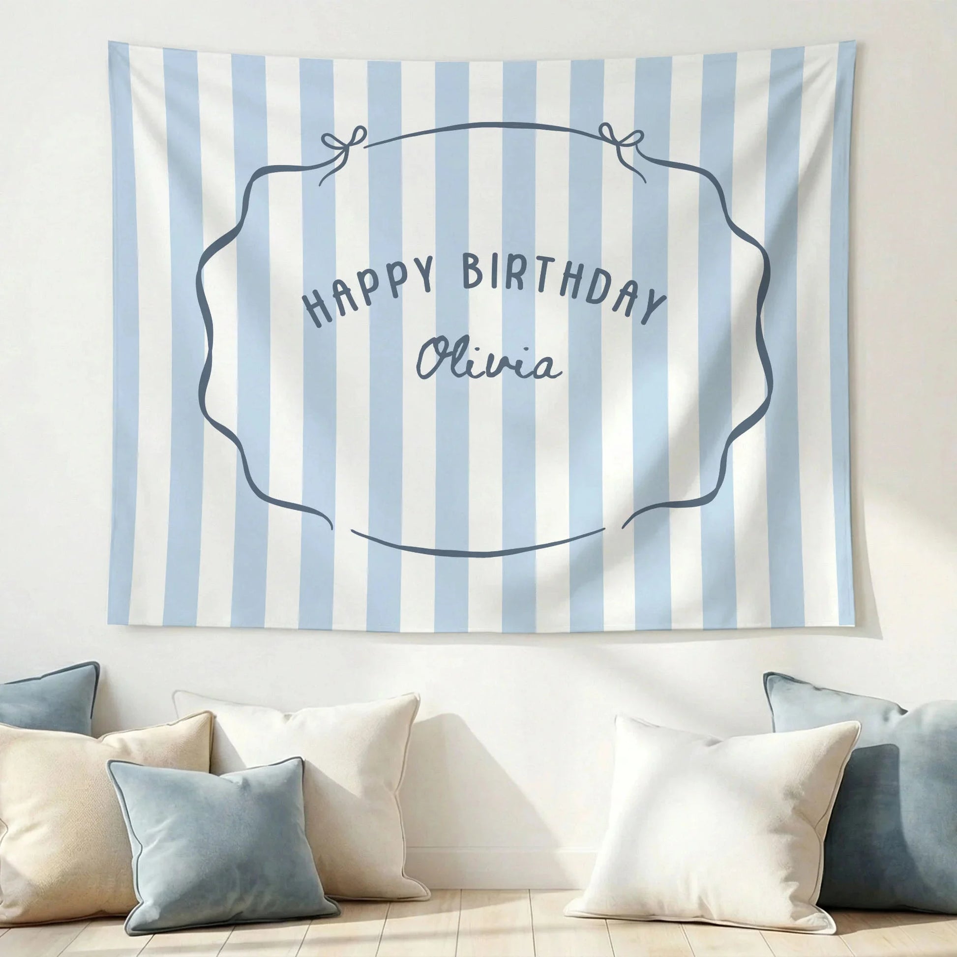Minimalist Blue Birthday Tapestry Banner Personalized Custom Name Birthday Backdrop Party Decor (view 8)