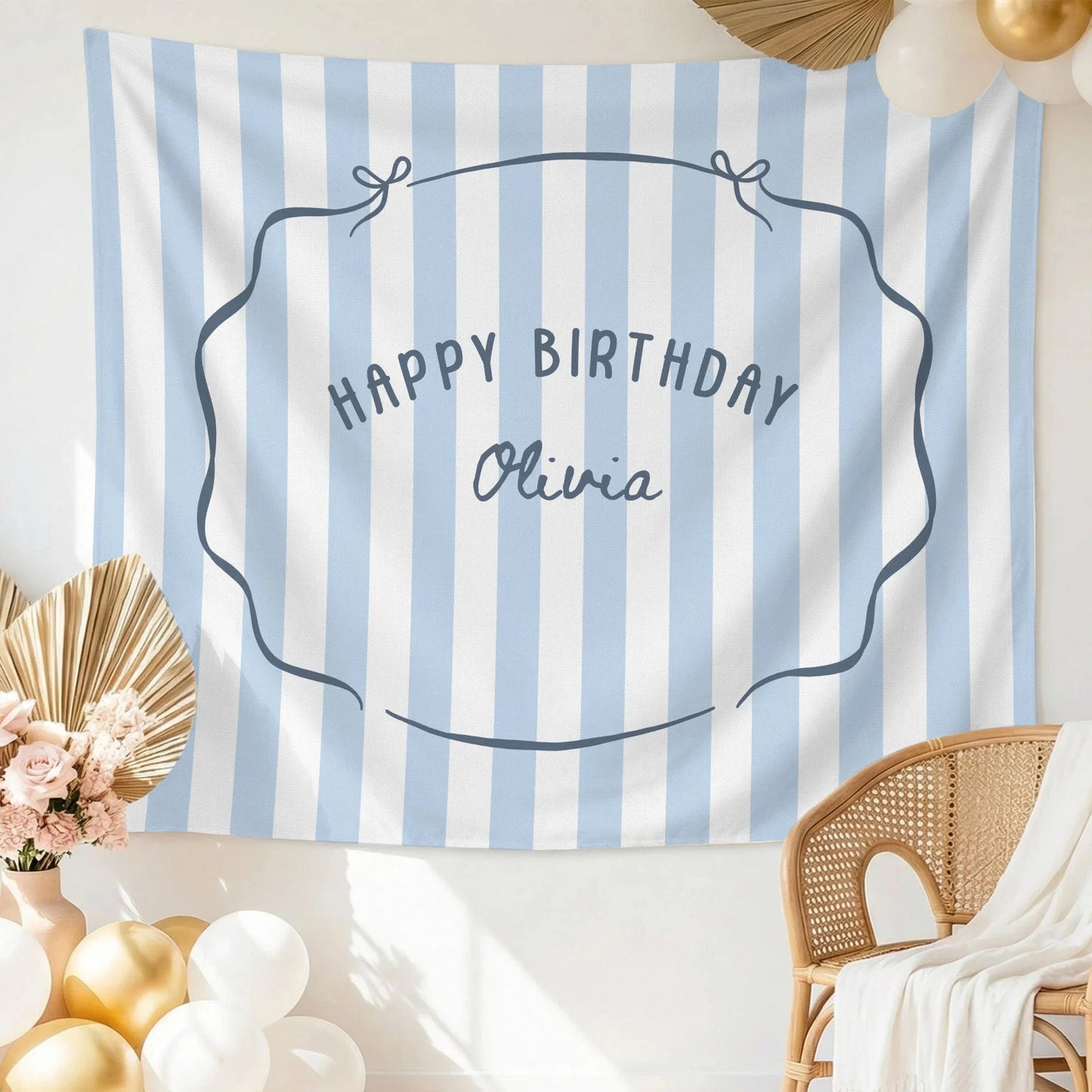 Minimalist Blue Birthday Tapestry Banner Personalized Custom Name Birthday Backdrop Party Decor (view 9)