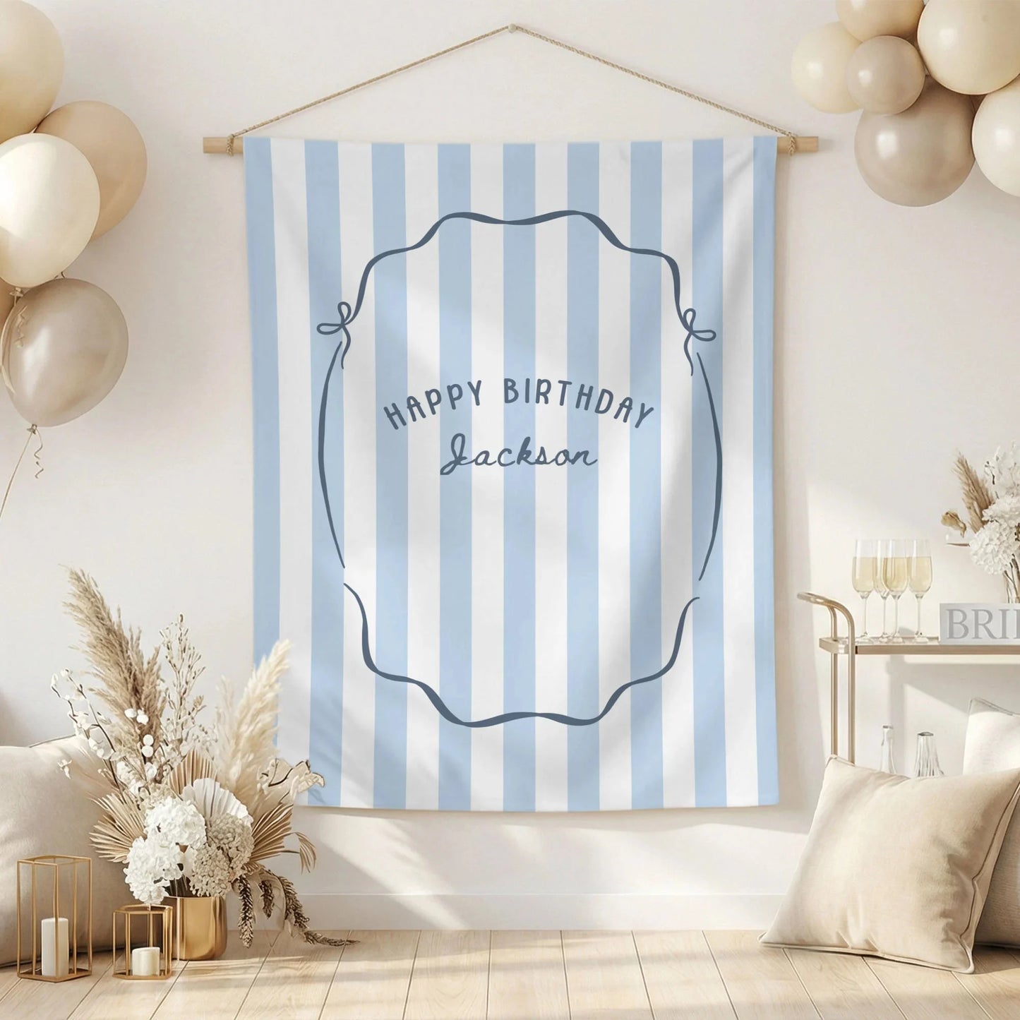 Minimalist Blue Birthday Tapestry Banner Personalized Custom Name Birthday Backdrop Party Decor (view 10)