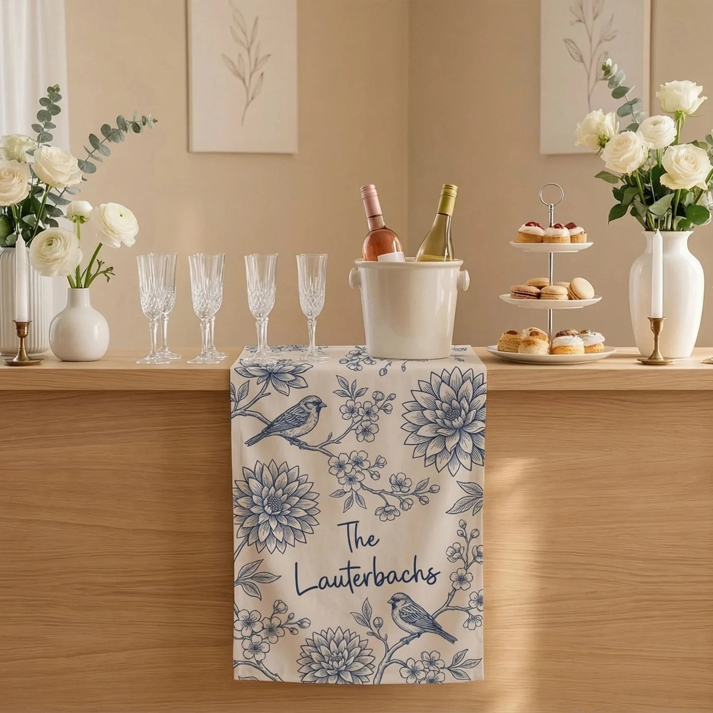 Blue Floral Wedding Bar Runner Personalized Custom Family Name Reception Bar Linen Table Runner, personalized wedding decor