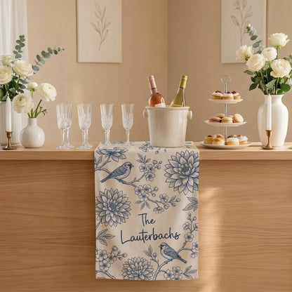 Blue Floral Wedding Bar Runner Personalized Custom Family Name Reception Bar Linen Table Runner, personalized wedding decor