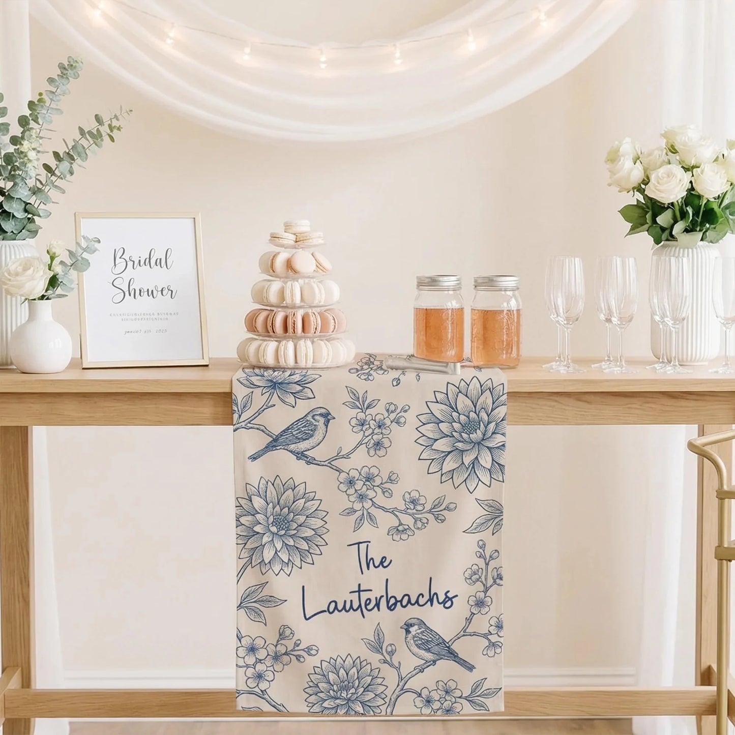 Blue Floral Wedding Bar Runner Personalized Custom Family Name Reception Bar Linen Table Runner, personalized wedding decor