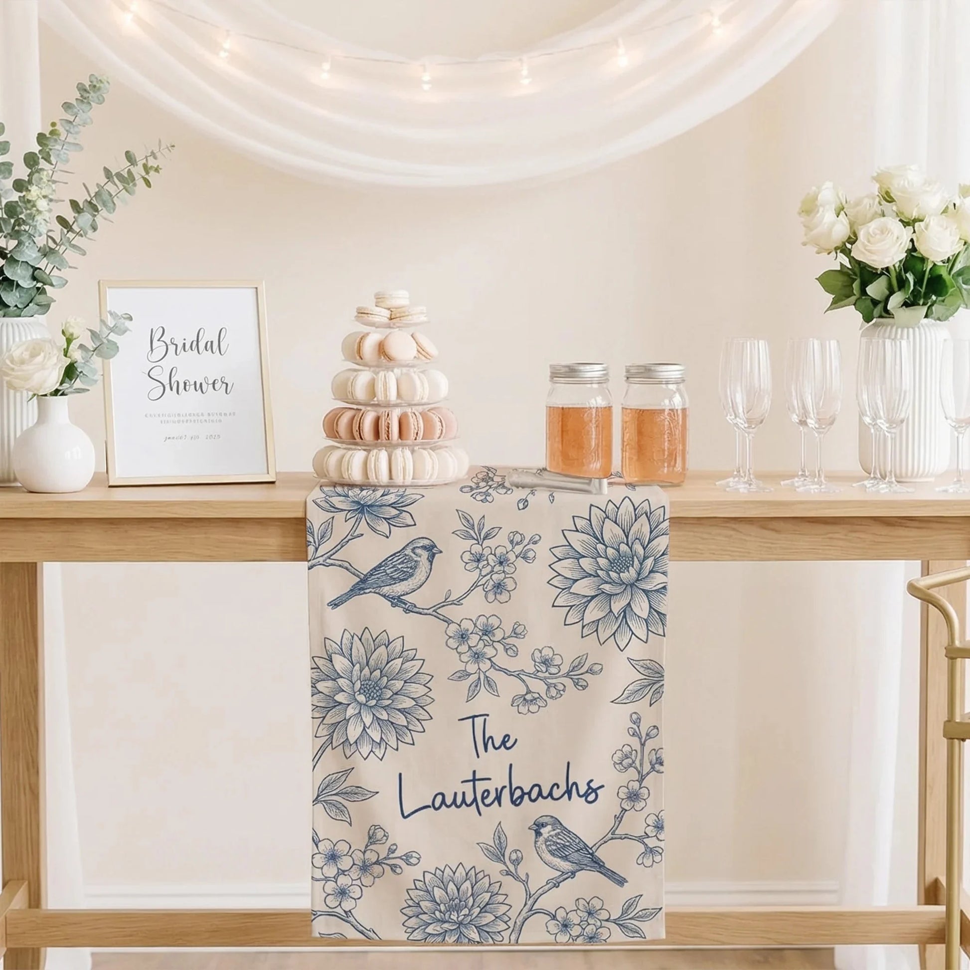 Blue Floral Wedding Bar Runner Personalized Custom Family Name Reception Bar Linen Table Runner, personalized wedding decor