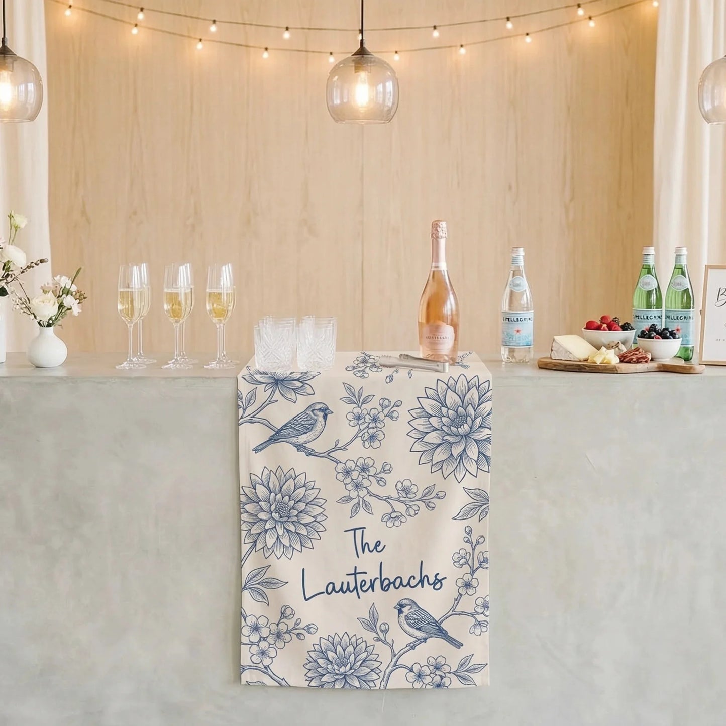 Blue Floral Wedding Bar Runner Personalized Custom Family Name Reception Bar Linen Table Runner, personalized wedding decor