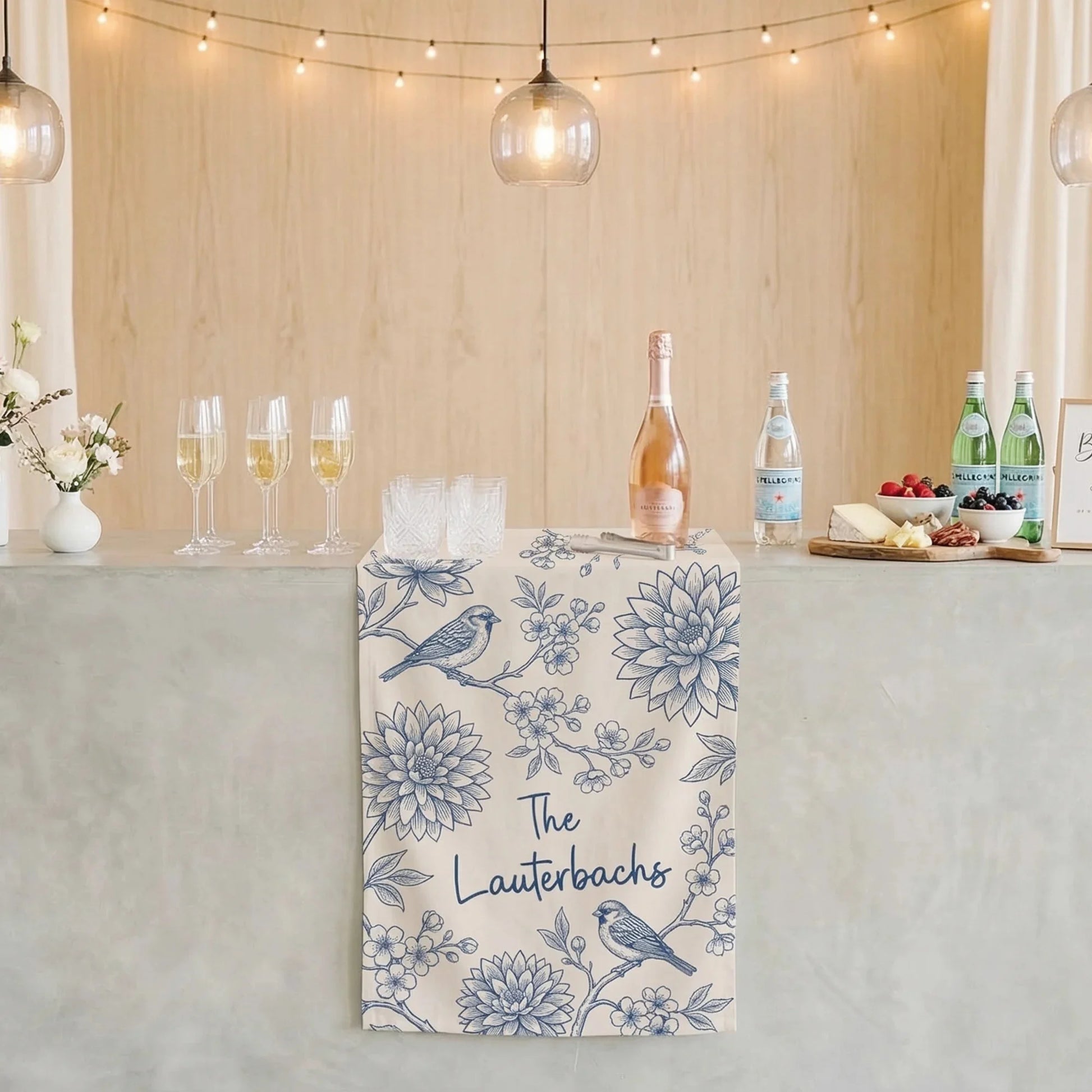 Blue Floral Wedding Bar Runner Personalized Custom Family Name Reception Bar Linen Table Runner, personalized wedding decor