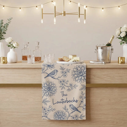 Blue Floral Wedding Bar Runner Personalized Custom Family Name Reception Bar Linen Table Runner, personalized wedding decor
