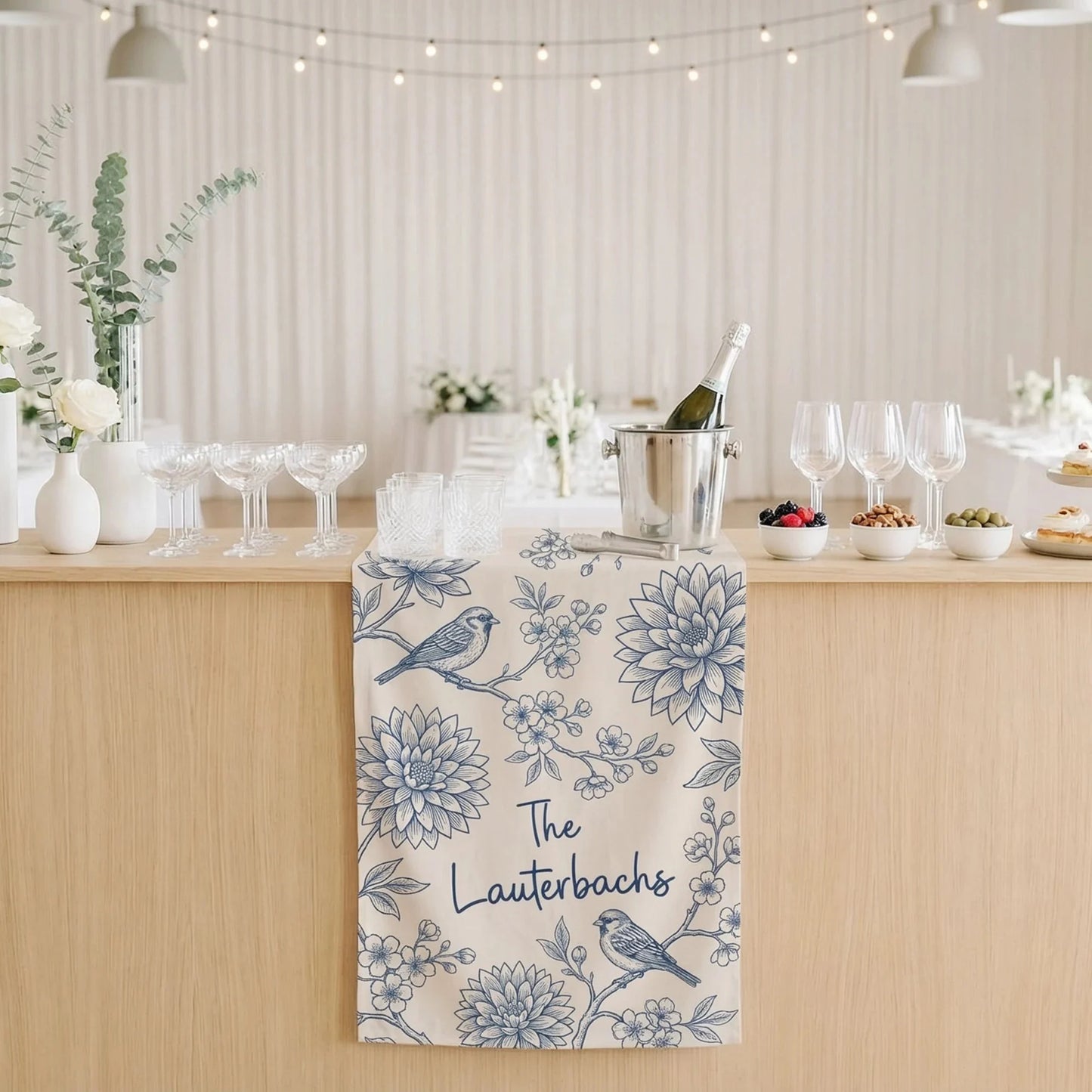 Blue Floral Wedding Bar Runner Personalized Custom Family Name Reception Bar Linen Table Runner, personalized wedding decor
