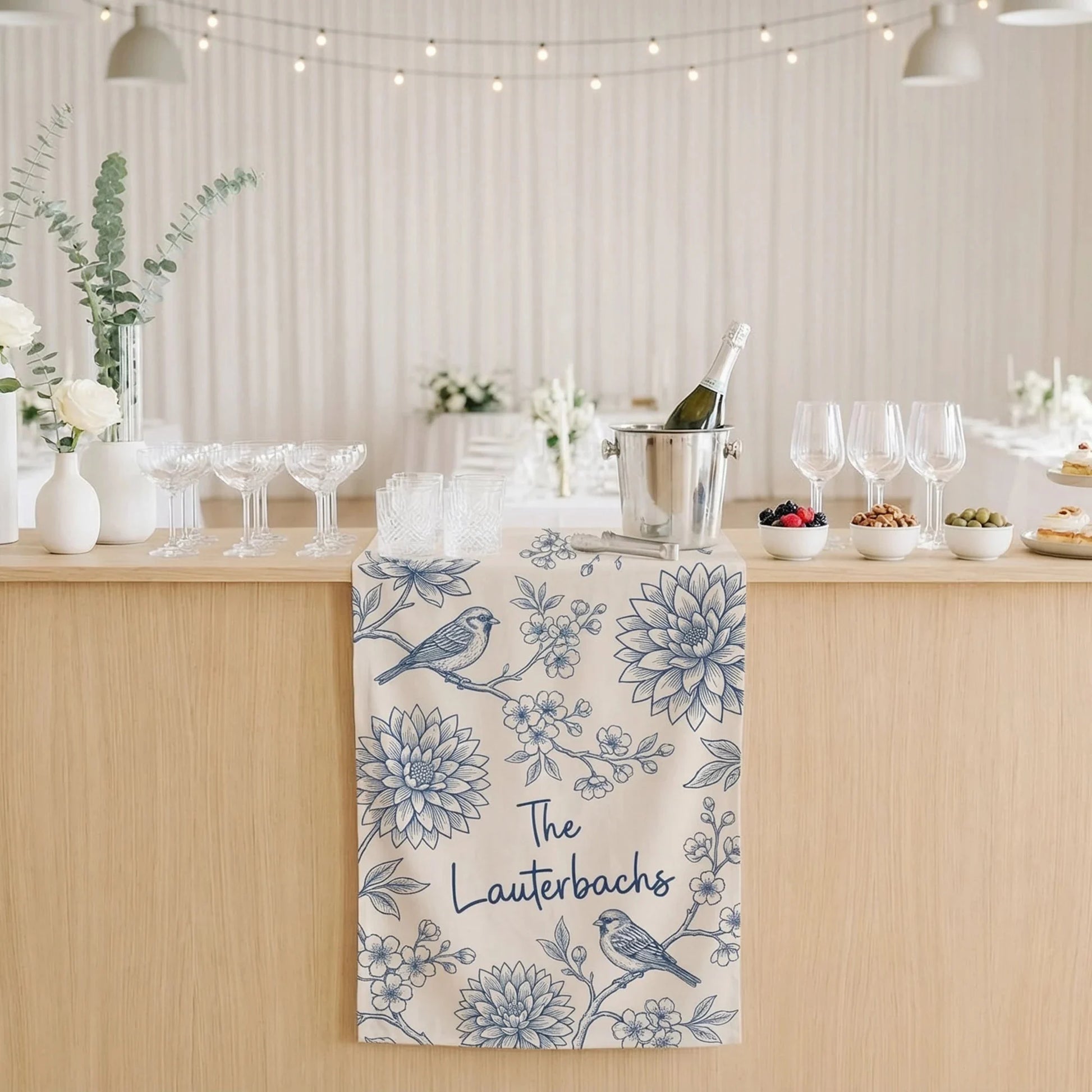 Blue Floral Wedding Bar Runner Personalized Custom Family Name Reception Bar Linen Table Runner, personalized wedding decor