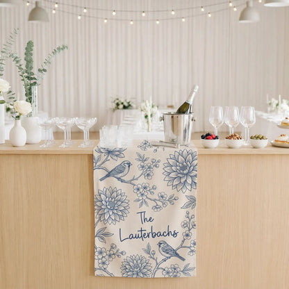 Blue Floral Wedding Bar Runner Personalized Custom Family Name Reception Bar Linen Table Runner, personalized wedding decor