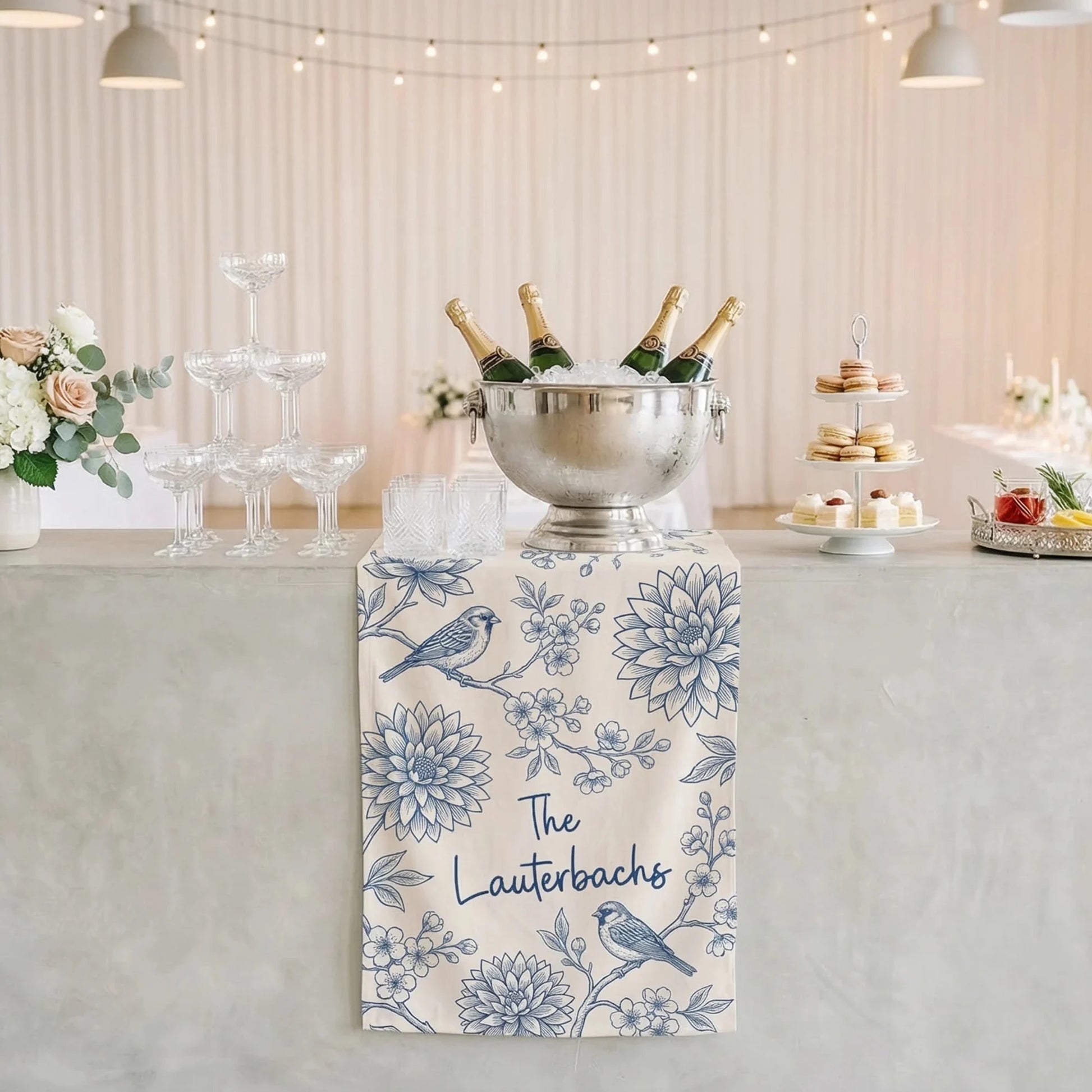 Blue Floral Wedding Bar Runner Personalized Custom Family Name Reception Bar Linen Table Runner, personalized wedding decor