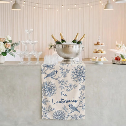 Blue Floral Wedding Bar Runner Personalized Custom Family Name Reception Bar Linen Table Runner, personalized wedding decor