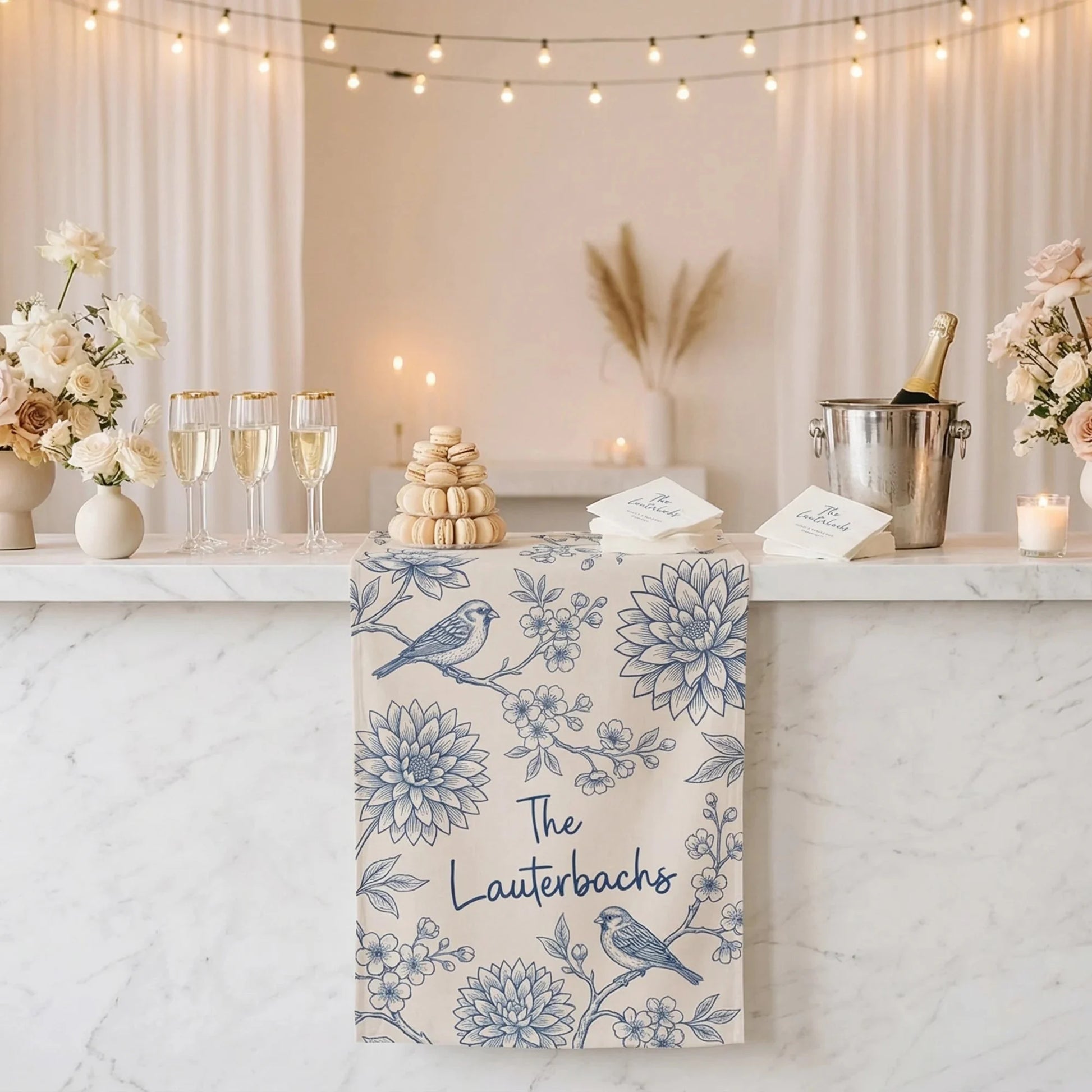 Blue Floral Wedding Bar Runner Personalized Custom Family Name Reception Bar Linen Table Runner, personalized wedding decor