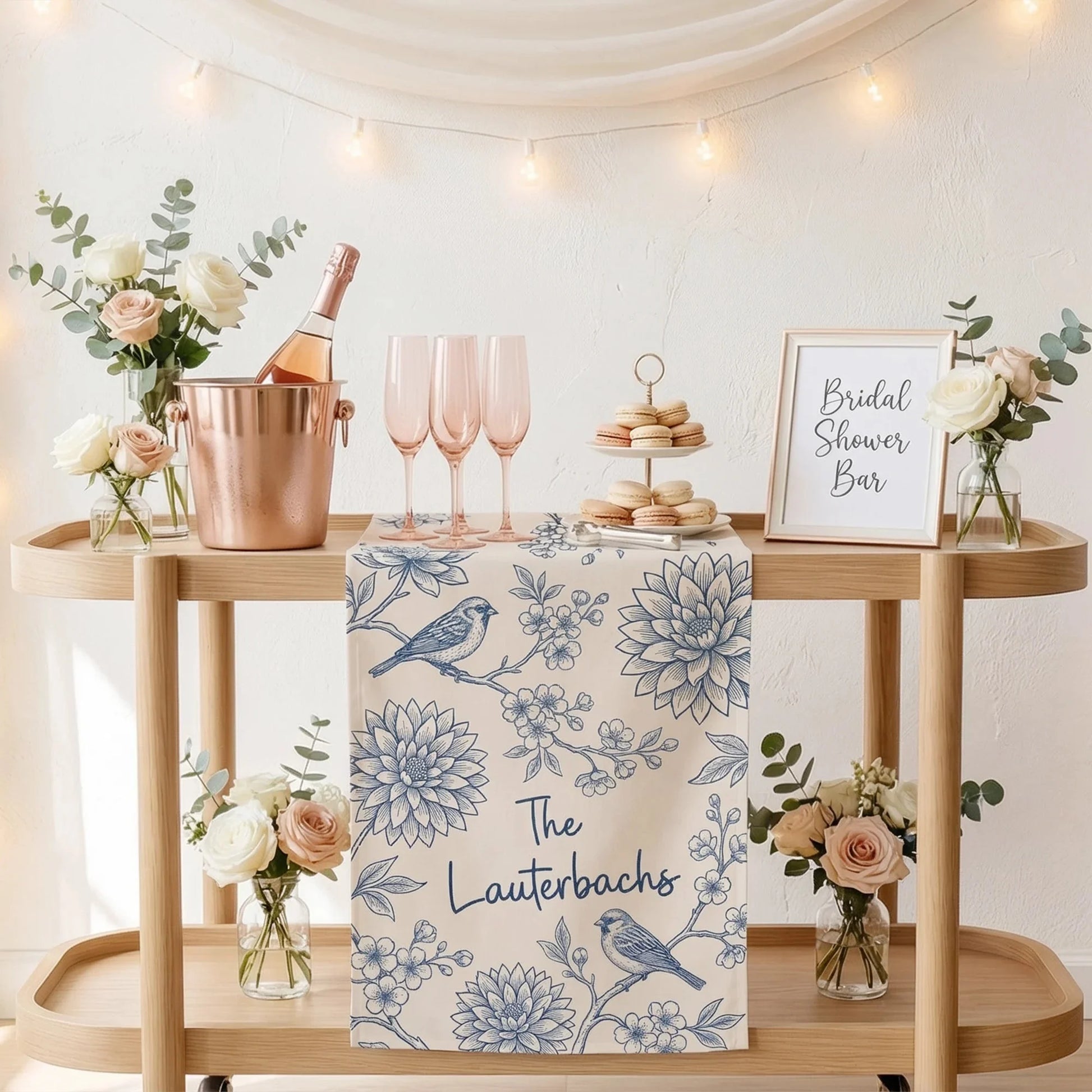 Blue Floral Wedding Bar Runner Personalized Custom Family Name Reception Bar Linen Table Runner, personalized wedding decor