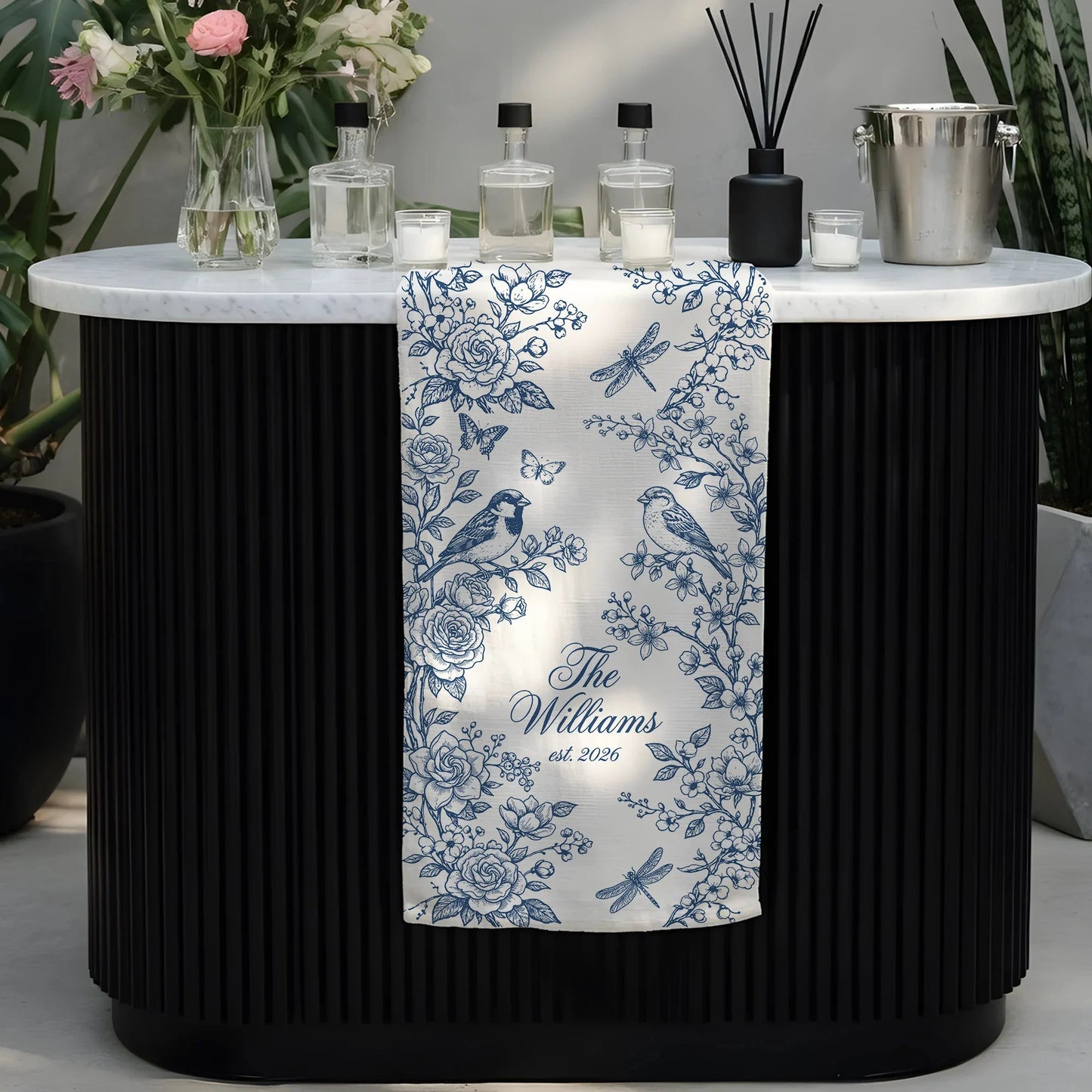 Personalized Wedding Table Runner Blue Floral Custom Family Name Reception Table Linen Runner, personalized wedding decor