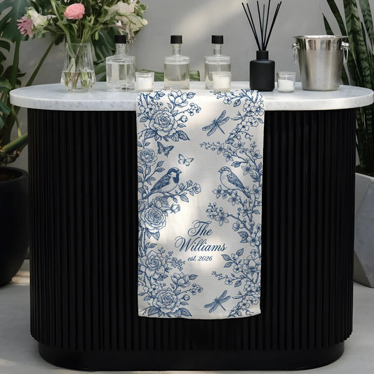Personalized Wedding Table Runner Blue Floral Custom Family Name Reception Table Linen Runner, personalized wedding decor
