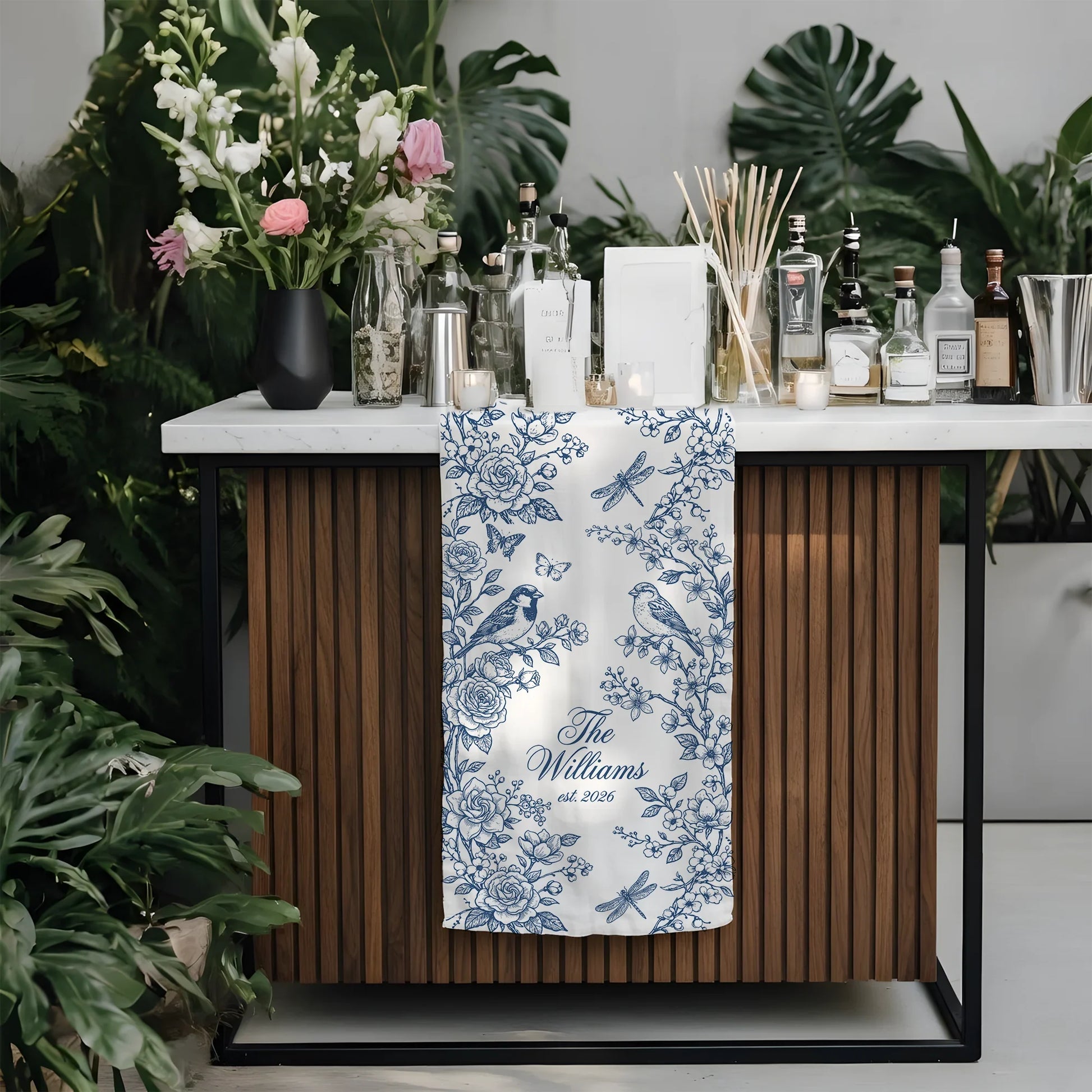 Personalized Wedding Table Runner Blue Floral Custom Family Name Reception Table Linen Runner, personalized wedding decor