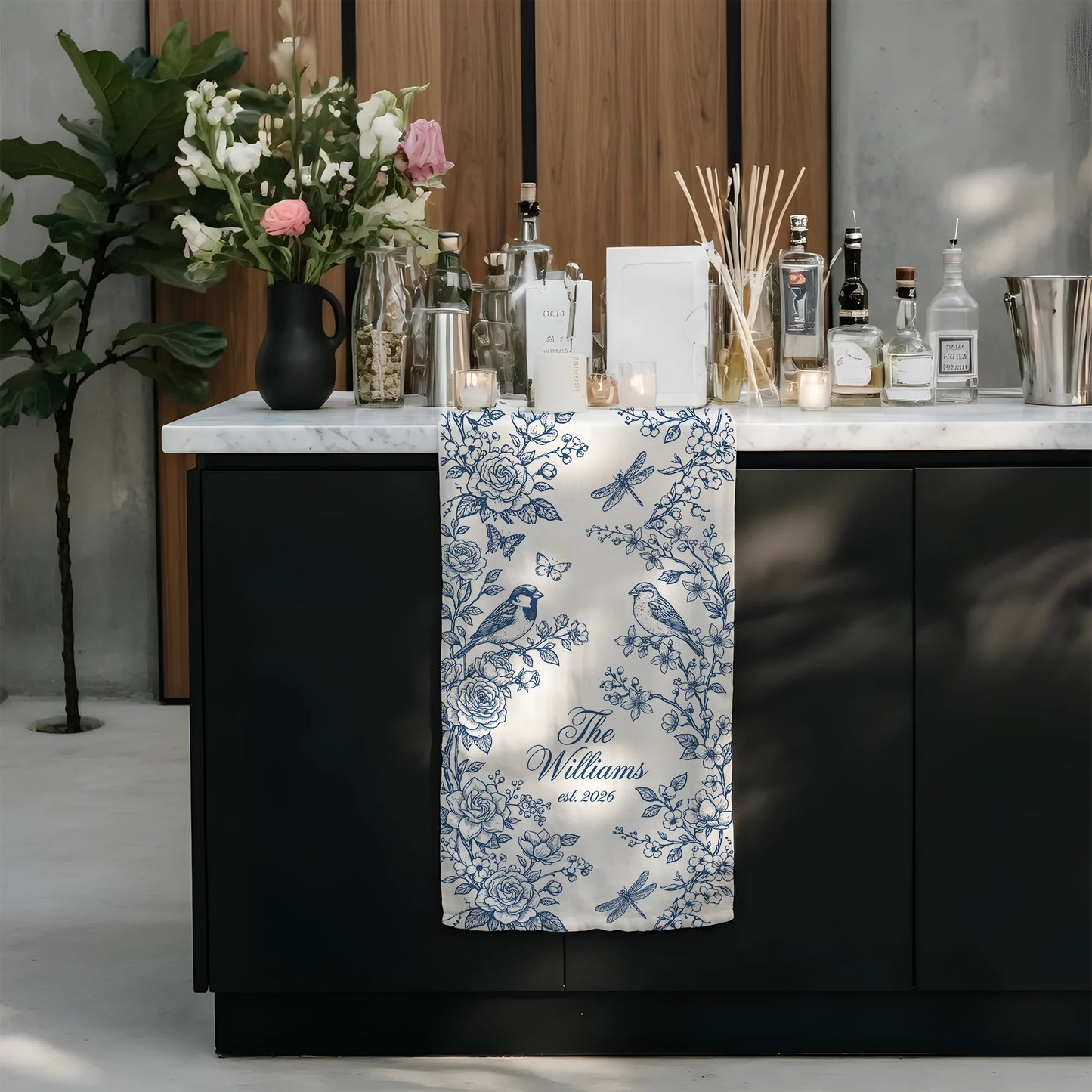 Personalized Wedding Table Runner Blue Floral Custom Family Name Reception Table Linen Runner, personalized wedding decor