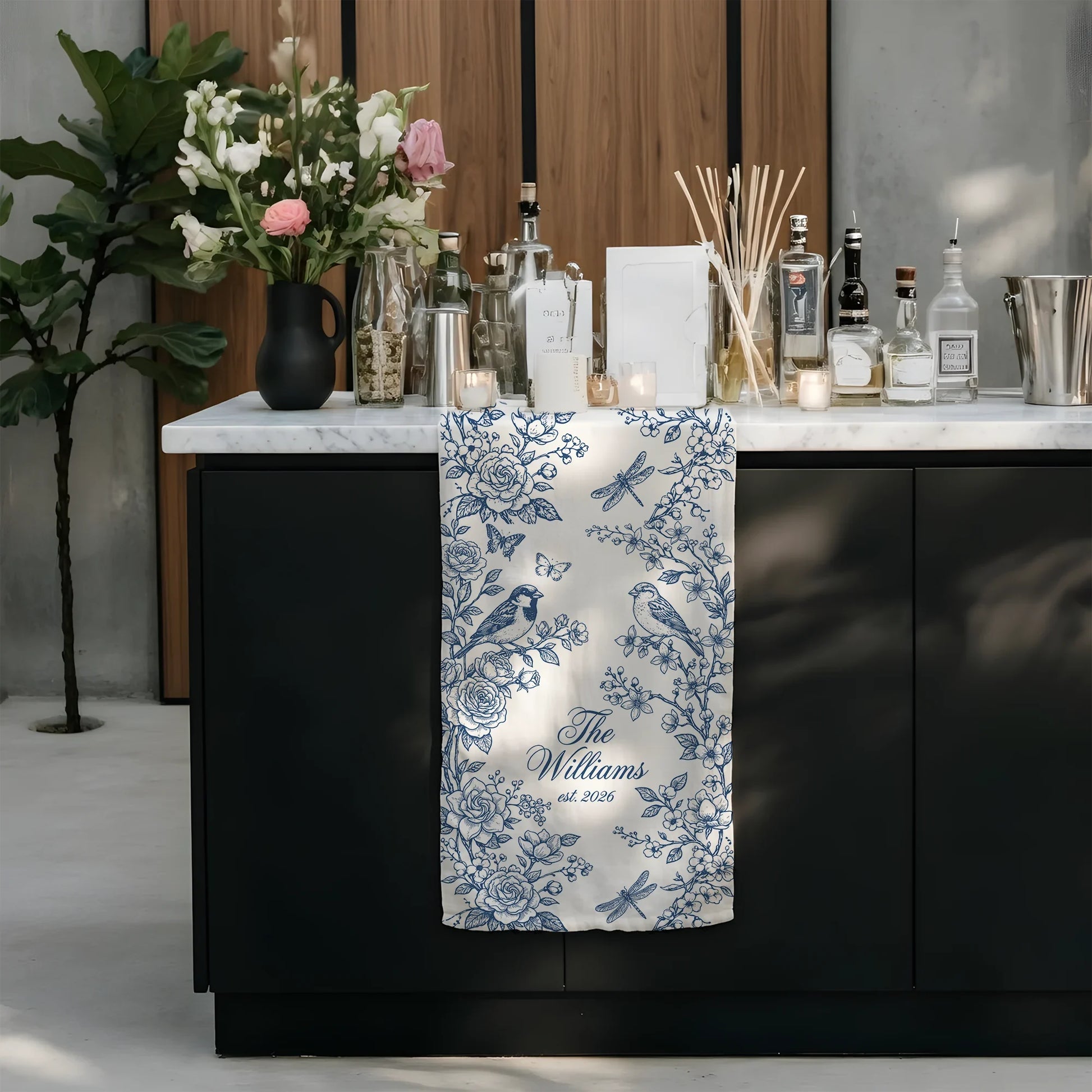 Personalized Wedding Table Runner Blue Floral Custom Family Name Reception Table Linen Runner, personalized wedding decor
