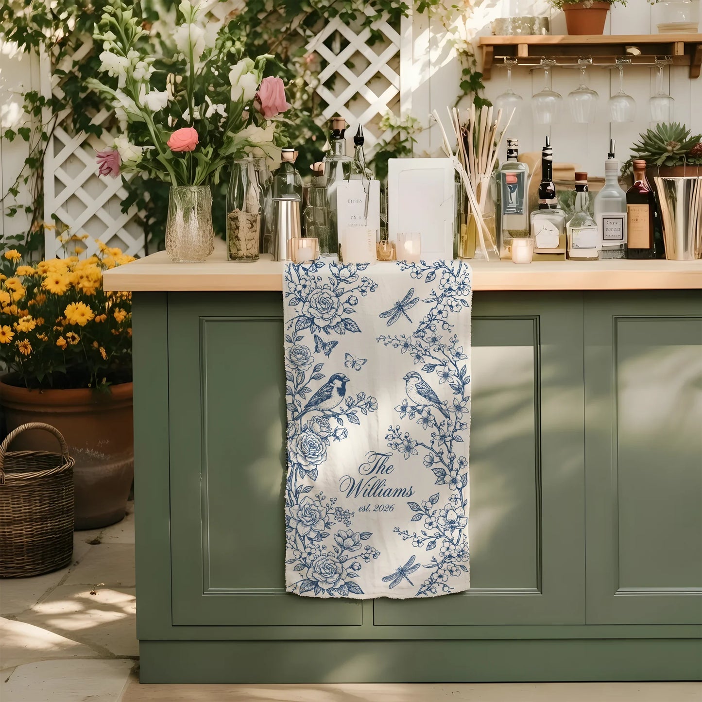 Personalized Wedding Table Runner Blue Floral Custom Family Name Reception Table Linen Runner, personalized wedding decor