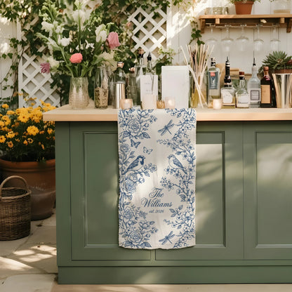 Personalized Wedding Table Runner Blue Floral Custom Family Name Reception Table Linen Runner, personalized wedding decor