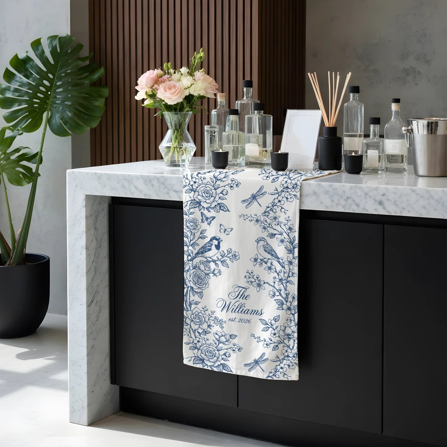 Personalized Wedding Table Runner Blue Floral Custom Family Name Reception Table Linen Runner, personalized wedding decor