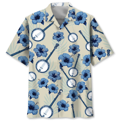 Blue 5 String Banjo Hibiscus Hawaiian Shirt