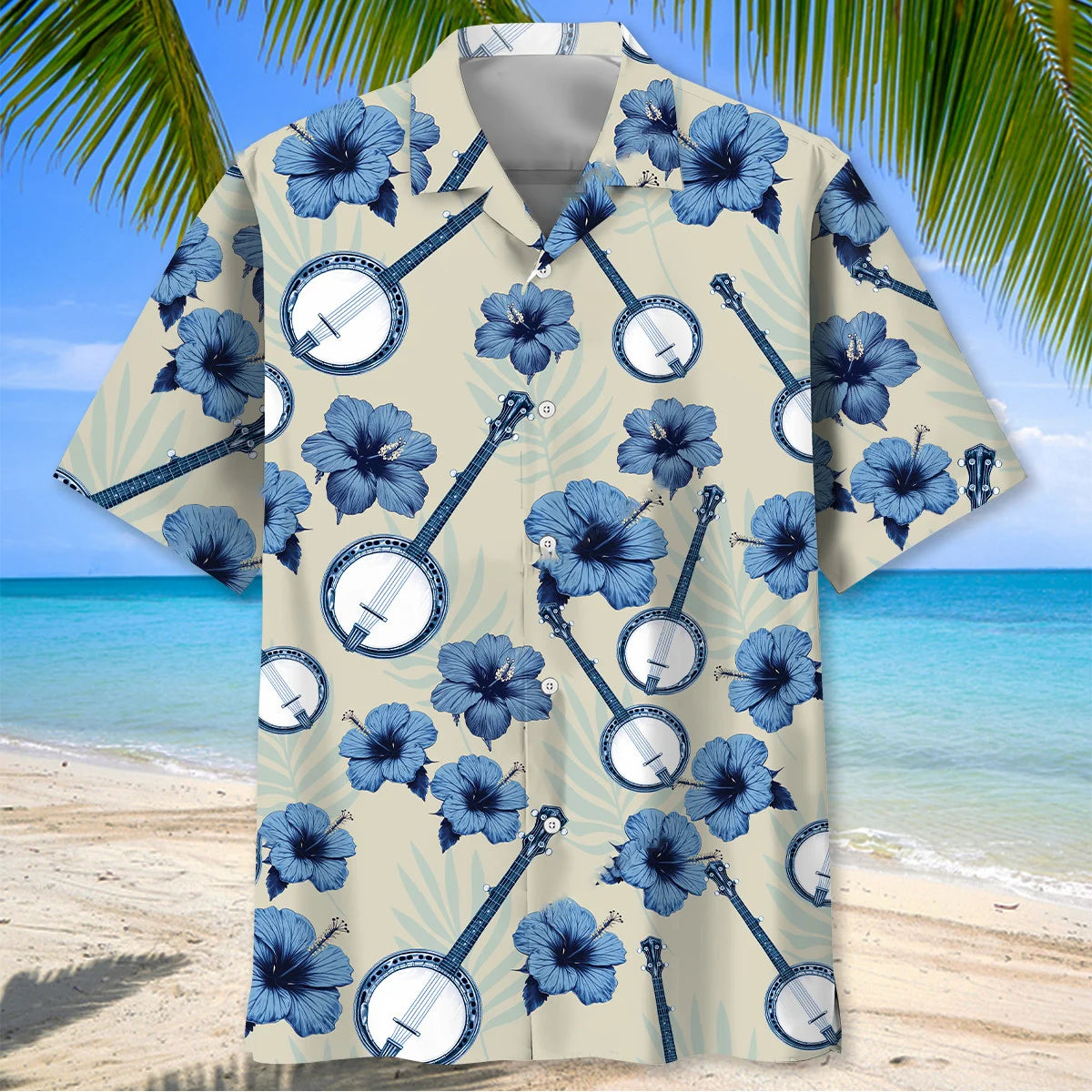Blue 5 String Banjo Hibiscus Hawaiian Shirt
