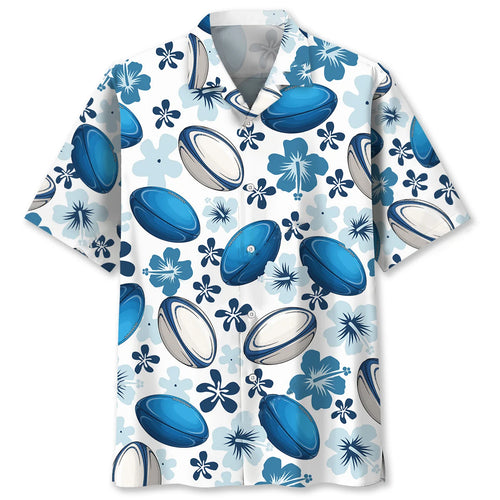 Blue Rugby Hibiscus Hawaiian Shirt